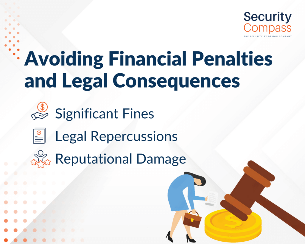 Avoiding Financial Penalties and Legal Consequences infographic. Avoiding being compliant with PCI DSS can cause significant fines, legal repercussions, and reputational damage. 